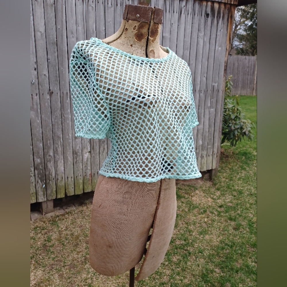 Isla Bonita dark mint blue wide crew neck mesh short sleeve shirt top L XL